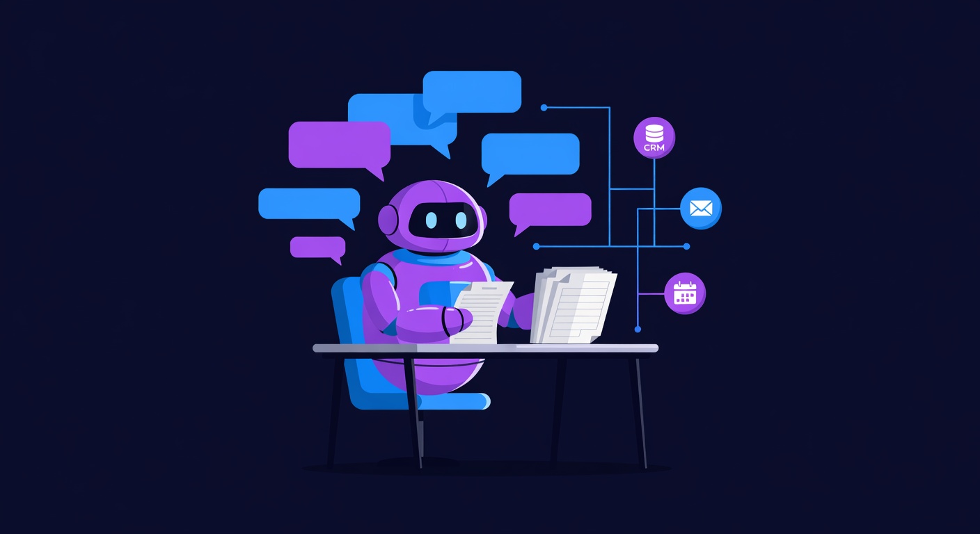 Custom AI agent interface on a laptop screen showing a conversation with a customer, business dashboard in the background