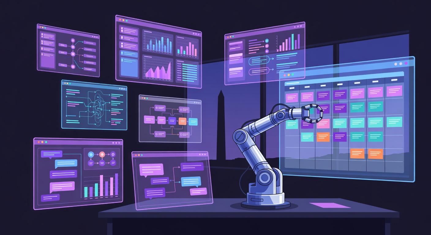 AI automation consultant working at desk with multiple screens showing dashboards, Washington DC skyline in background