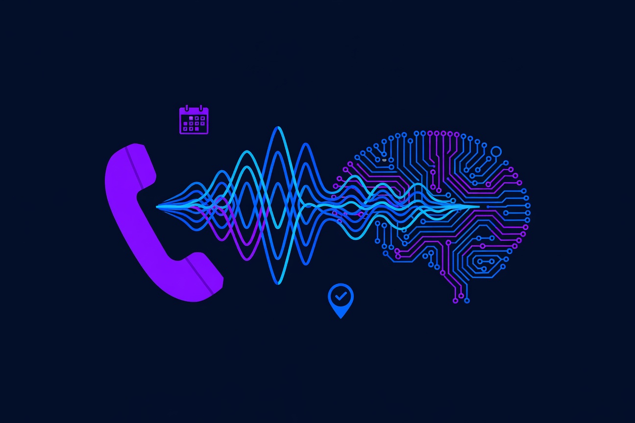 Business owner reviewing AI voice agent call logs on a tablet, phone system visible in the background