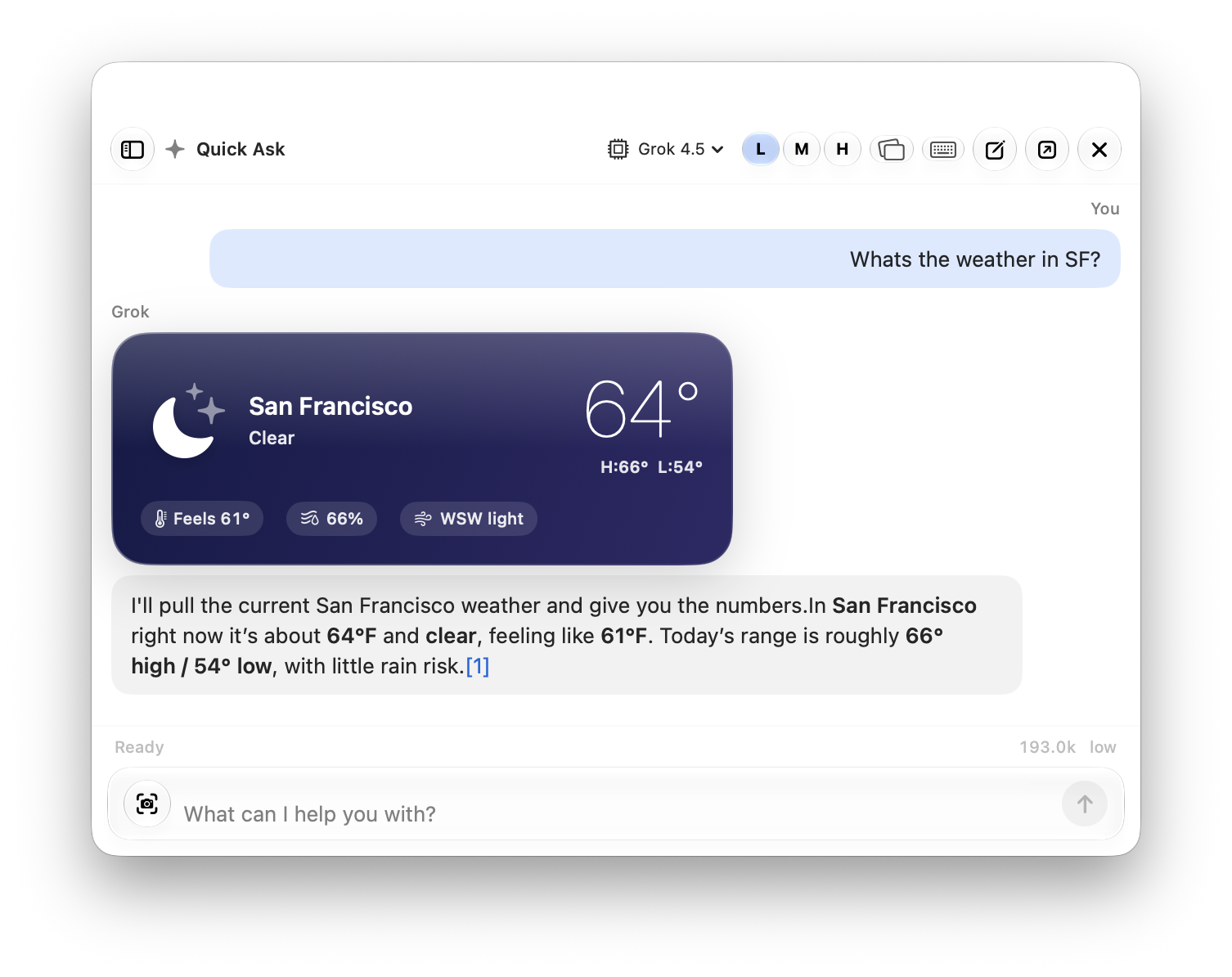 Xnative Quick Ask showing a San Francisco weather request, a native weather card, model and effort controls, capture, and open-in-app actions