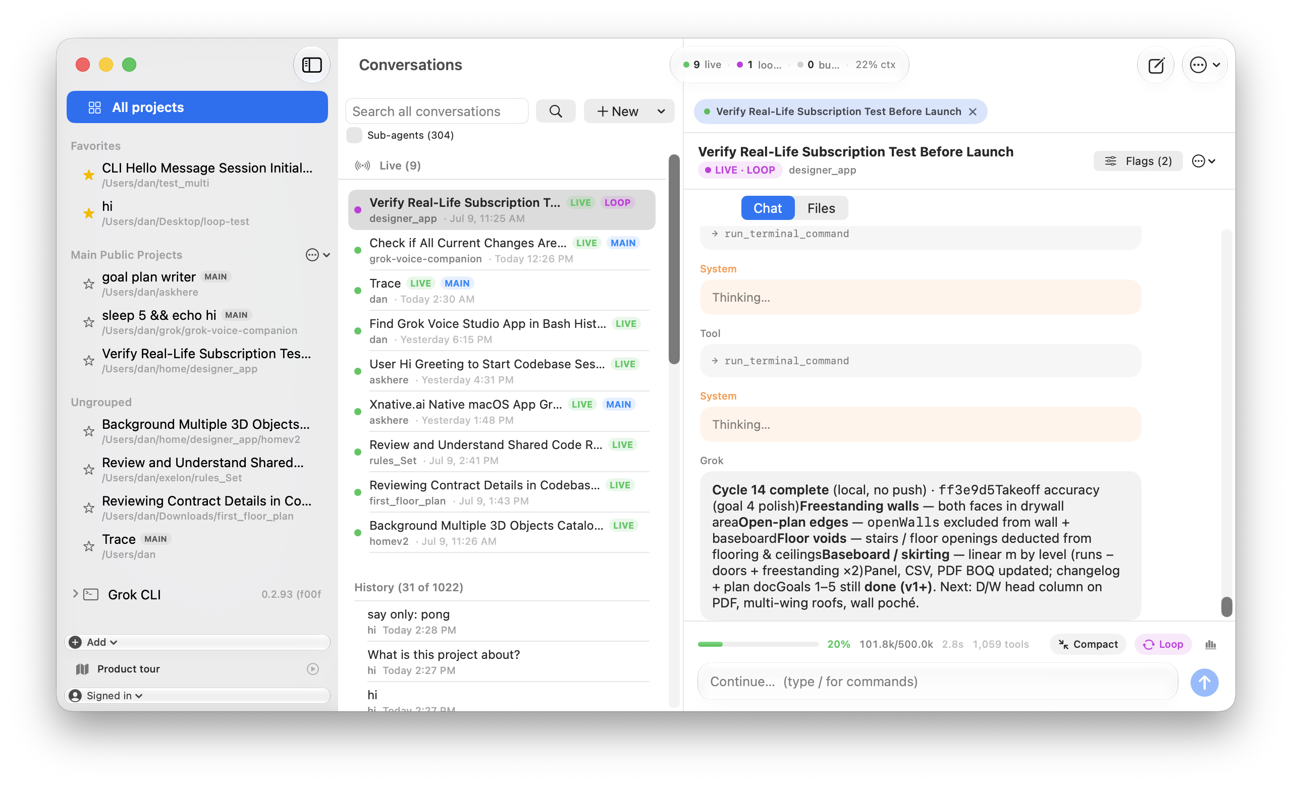 Xnative app showing projects, conversations, and chat
